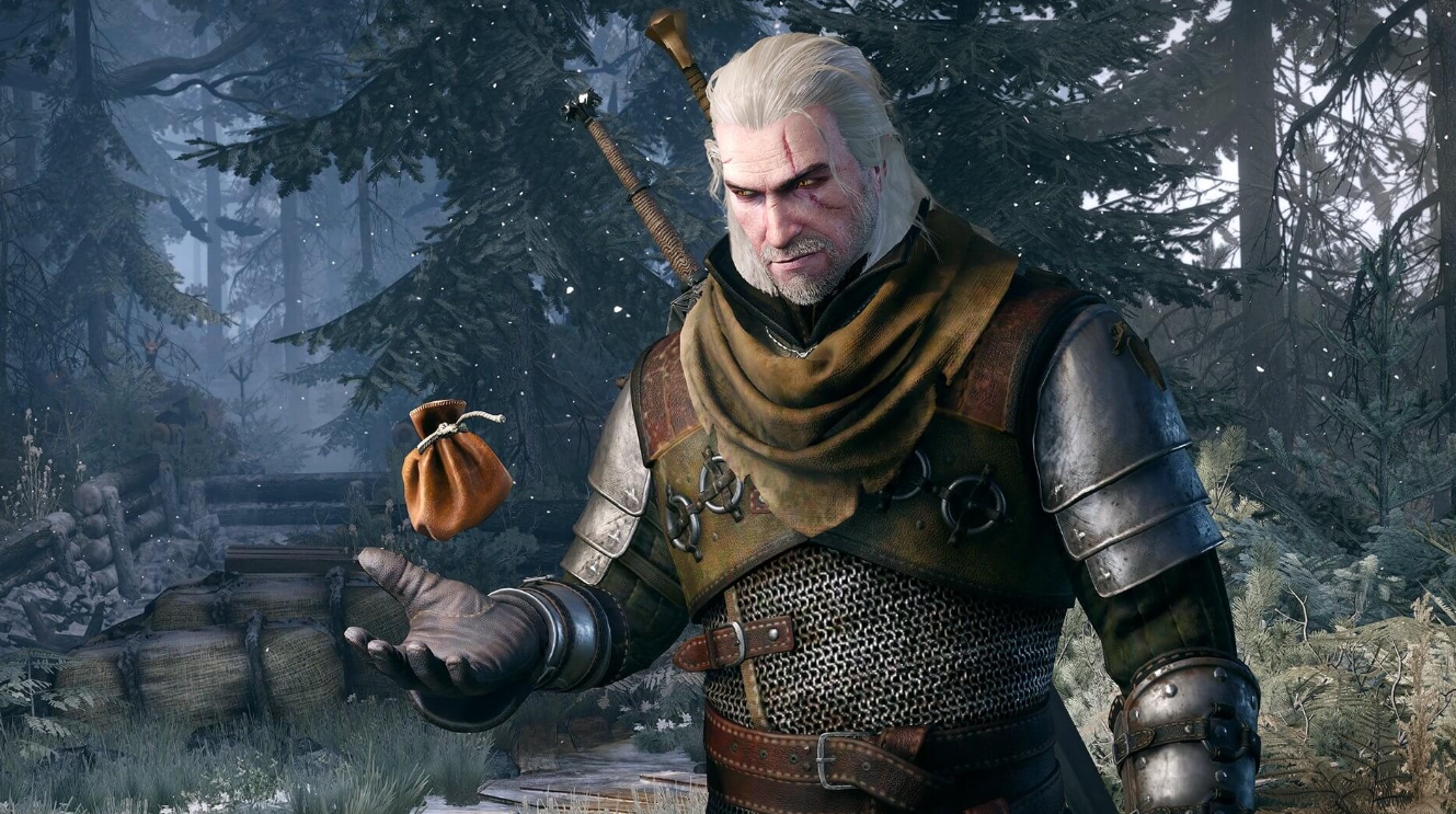 Geralt of Rivia holding a pouch of coins in a forest scene from The Witcher 3: Wild Hunt