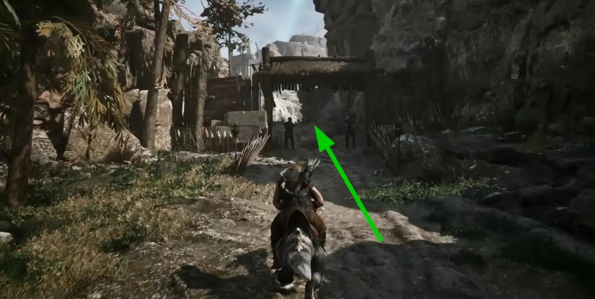 Gothic 1 Remake camp entrance with guards at the gate and stealth infiltration using a sleep spell approach