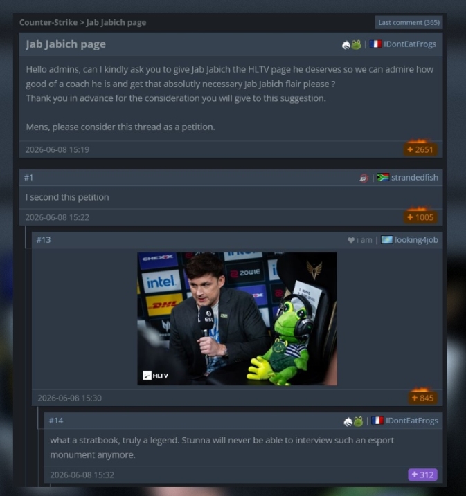 HLTV forum thread petitioning for Zhab Zhabych to become an official Team Spirit mascot icon
