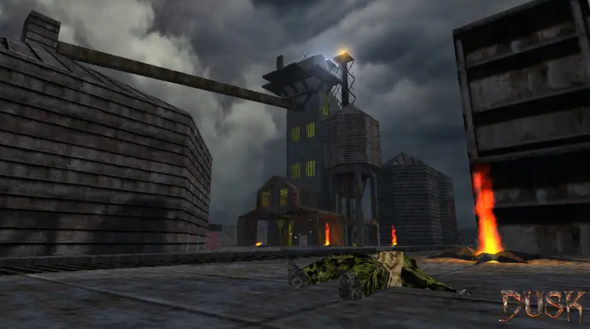 Industrial area in DUSK showcasing dark architecture and post-apocalyptic scenery