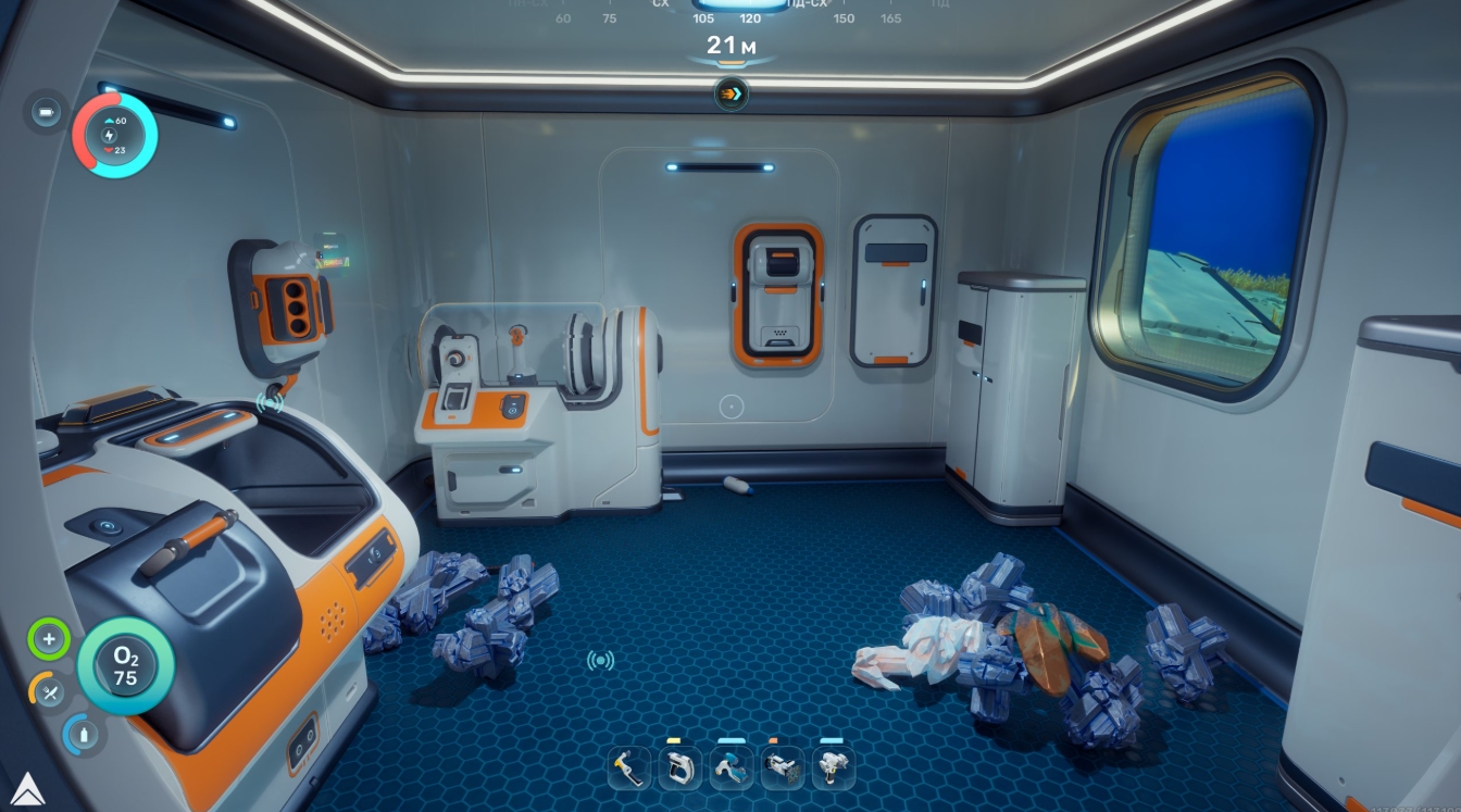 Interior of a submarine base in Subnautica 2 after the reduction of Interior Wall construction costs in Hotfix 3