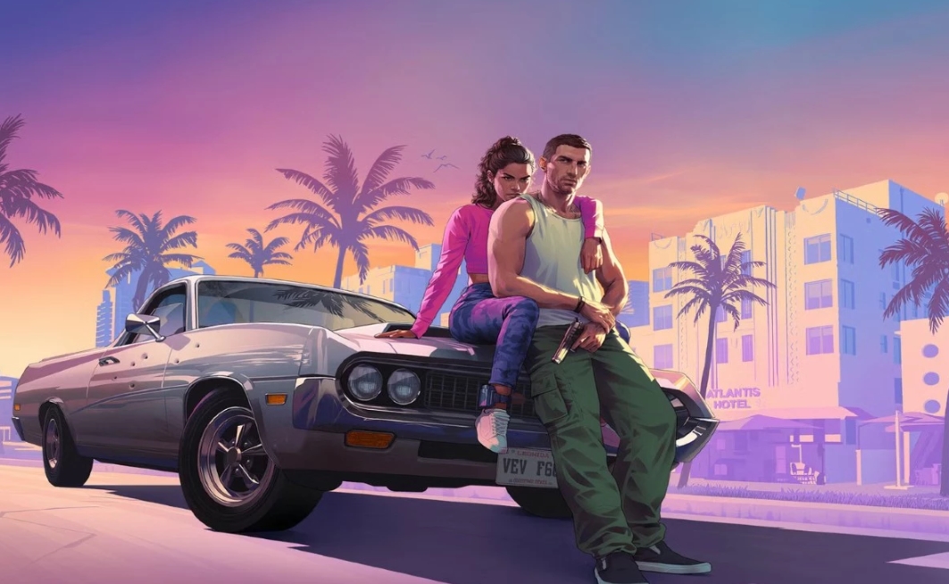 Jason and Lucia pose beside a classic car in official Grand Theft Auto VI artwork