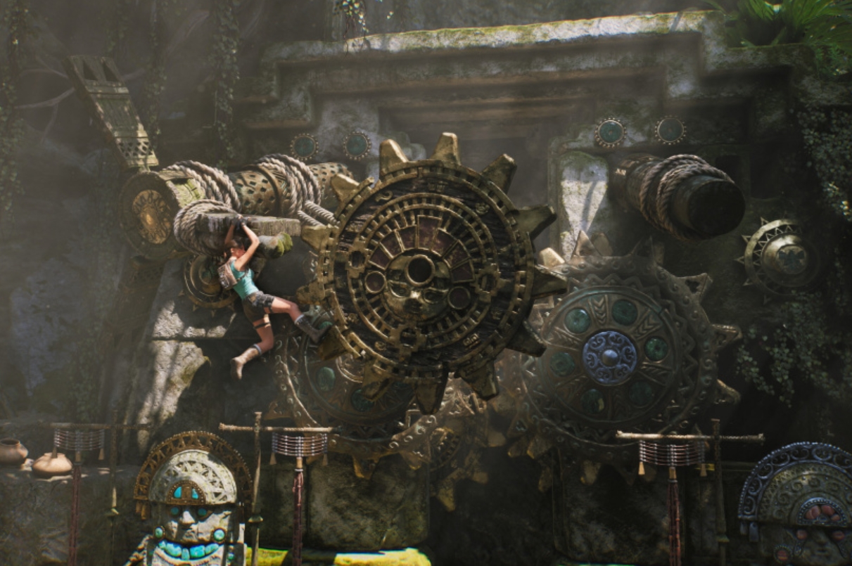 Lara Croft solves an ancient mechanical puzzle inside a lost temple in Tomb Raider: Legacy of Atlantis