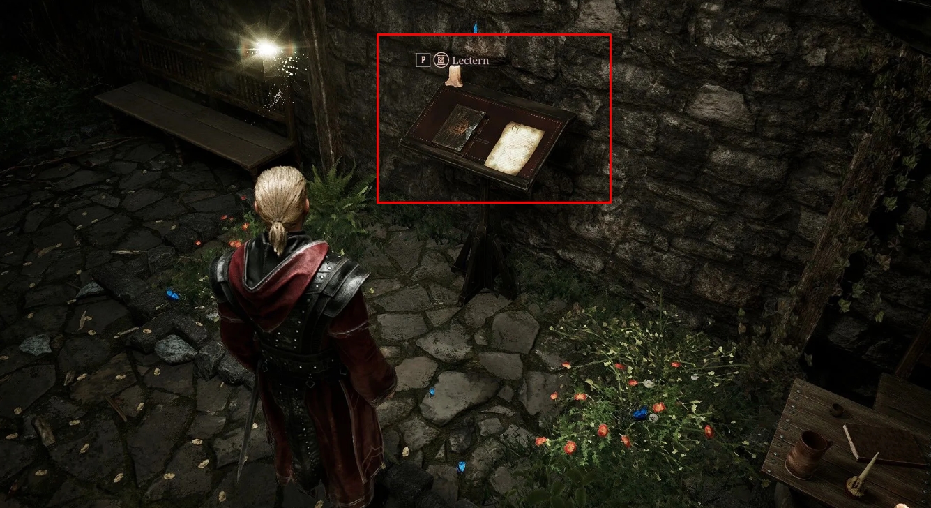 Lectern with book in Gothic 1 Remake highlighted with a red frame indicating an interactable object
