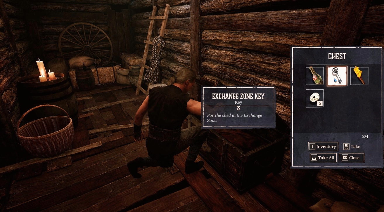 Loot screen in Gothic 1 Remake showing the hero opening a chest and collecting keys, a torch, and other items