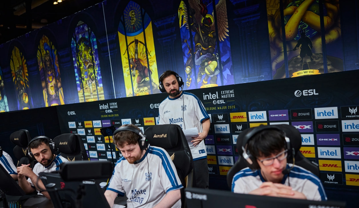 Monte players prepare for their match on the stage of IEM Cologne Major 2026 in Counter-Strike 2
