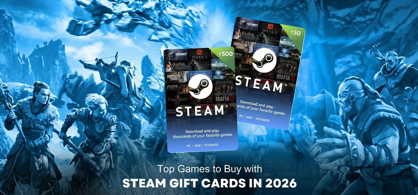 Physical Steam gift cards displayed alongside popular video games as Valve prepares to discontinue retail cards by the end of 2026
