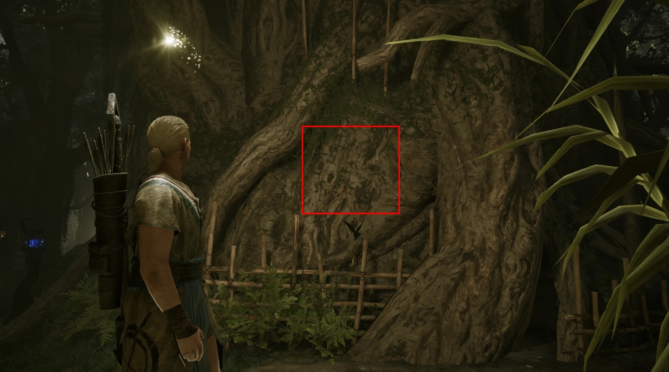 Player inspecting a tree with highlighted area in Gothic 1 Remake indicating a hidden item or interactive object