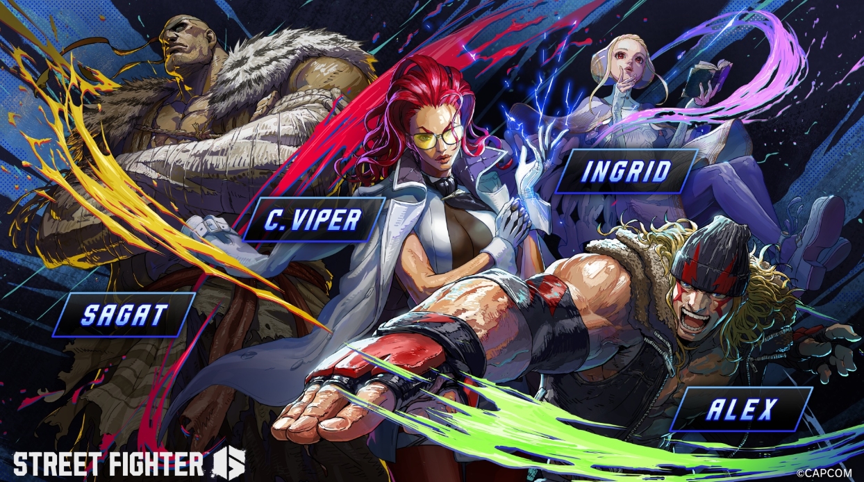 Street Fighter 6 Year 4 character artwork featuring Sagat, C. Viper, Alex, and Ingrid as upcoming fighters