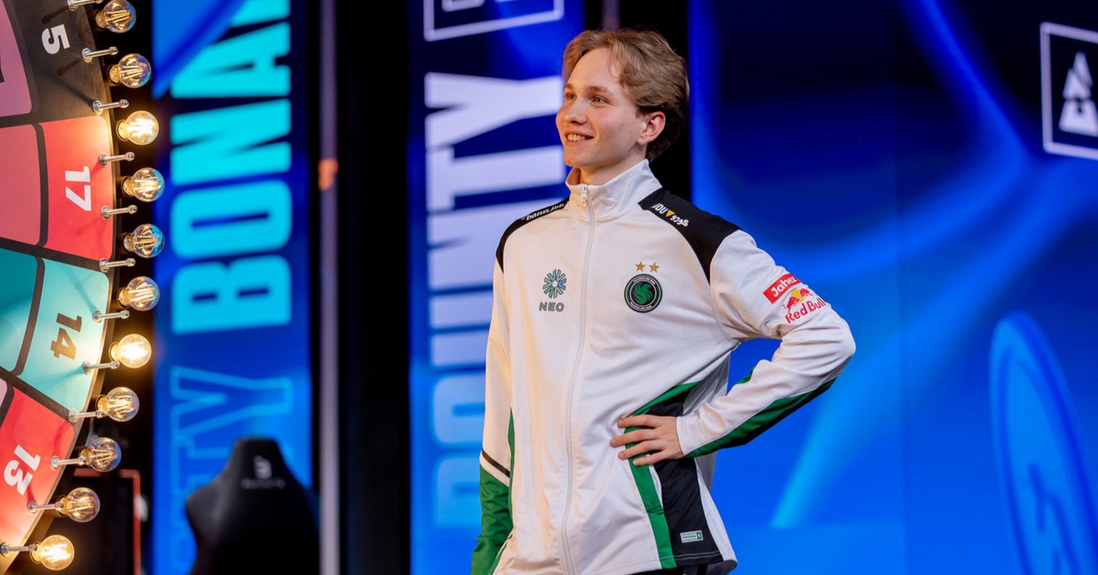 Team Falcons player m0NESY on stage at IEM Cologne Major 2026 before the tournament finals