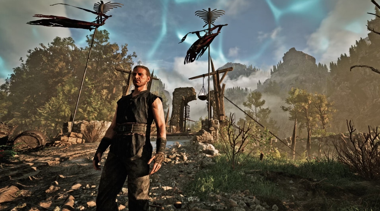The Nameless Hero explores the prison colony in Gothic 1 Remake with mountains, forests, and a magical sky in the background