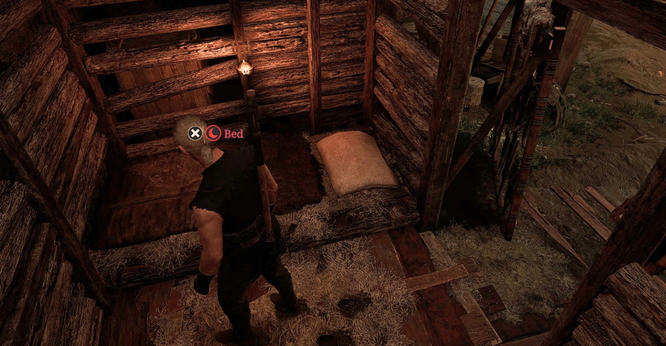 The Nameless Hero stands next to a bed inside a wooden shelter in Gothic 1 Remake