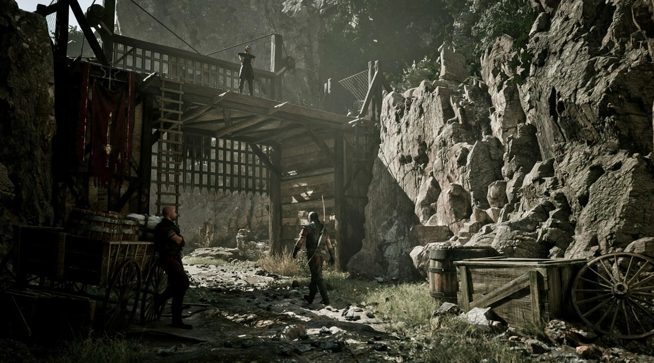 The Nameless Hero walks through a fortified checkpoint guarded by soldiers in Gothic 1 Remake