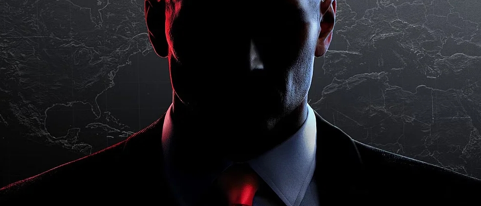 The silhouette of Agent 47 in his signature suit and red tie on an official Hitman promotional poster