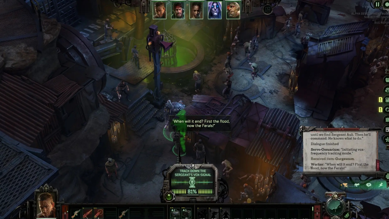 Warhammer 40,000: Dark Heresy gameplay showing hive city exploration, suspect tracking, and an Inquisition investigation mission