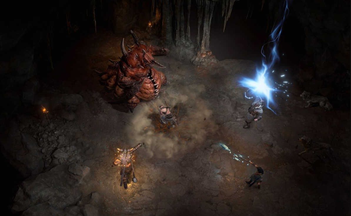A party of heroes battles a massive demon in a Diablo IV dungeon during Season 14