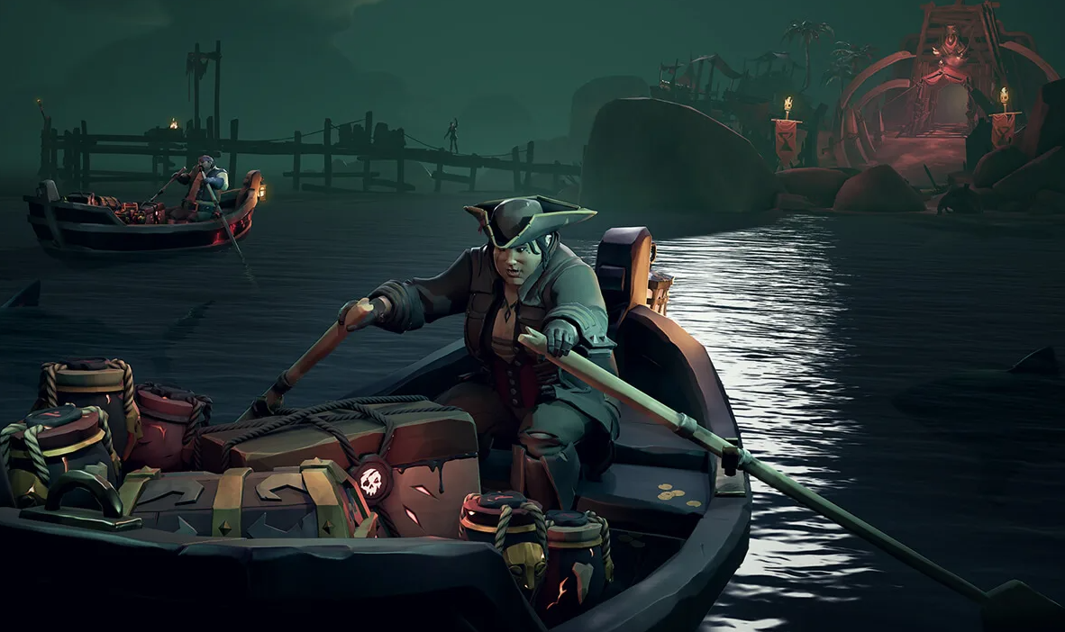 A pirate rows a boat in Sea of Thieves near an island at night
