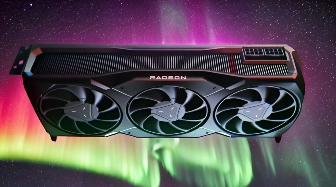 AMD Radeon graphics card against aurora backdrop — budget RX 9050 with a cut-down 64-bit memory bus