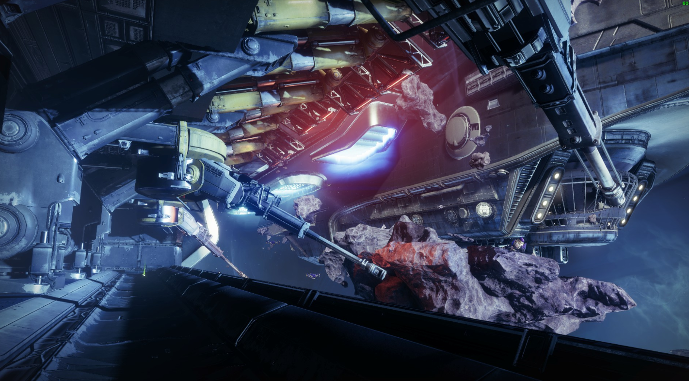 Destiny 2 spaceship being serviced at an orbital space station facility