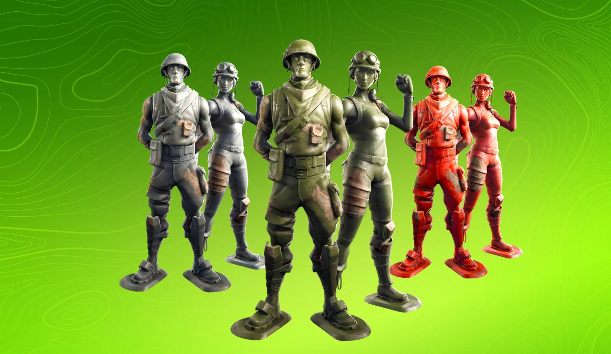 Fortnite — soldier skins in grey, green, and red variants, Hot Toys collectible figures expected in premium 1/6 scale