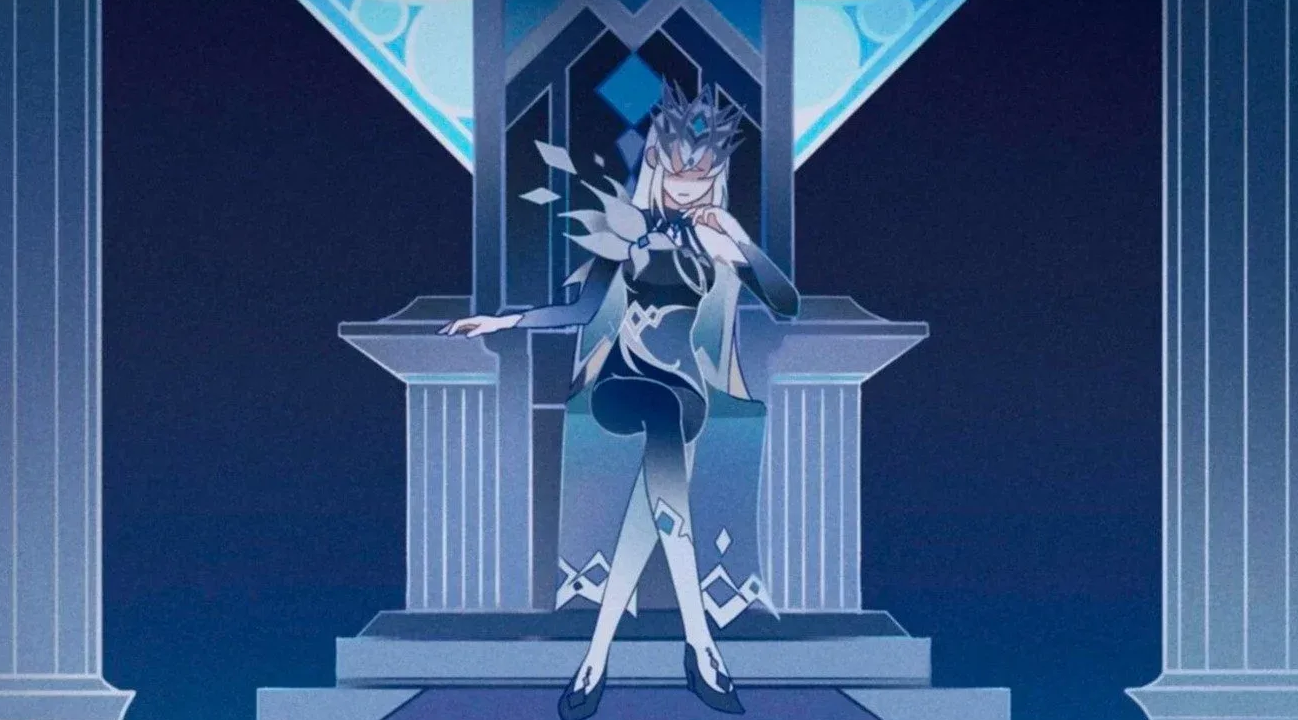 Genshin Impact &mdash; the Tsaritsa, Cryo Archon of Snezhnaya, seated on her throne, the story's key antagonist in update 7.0