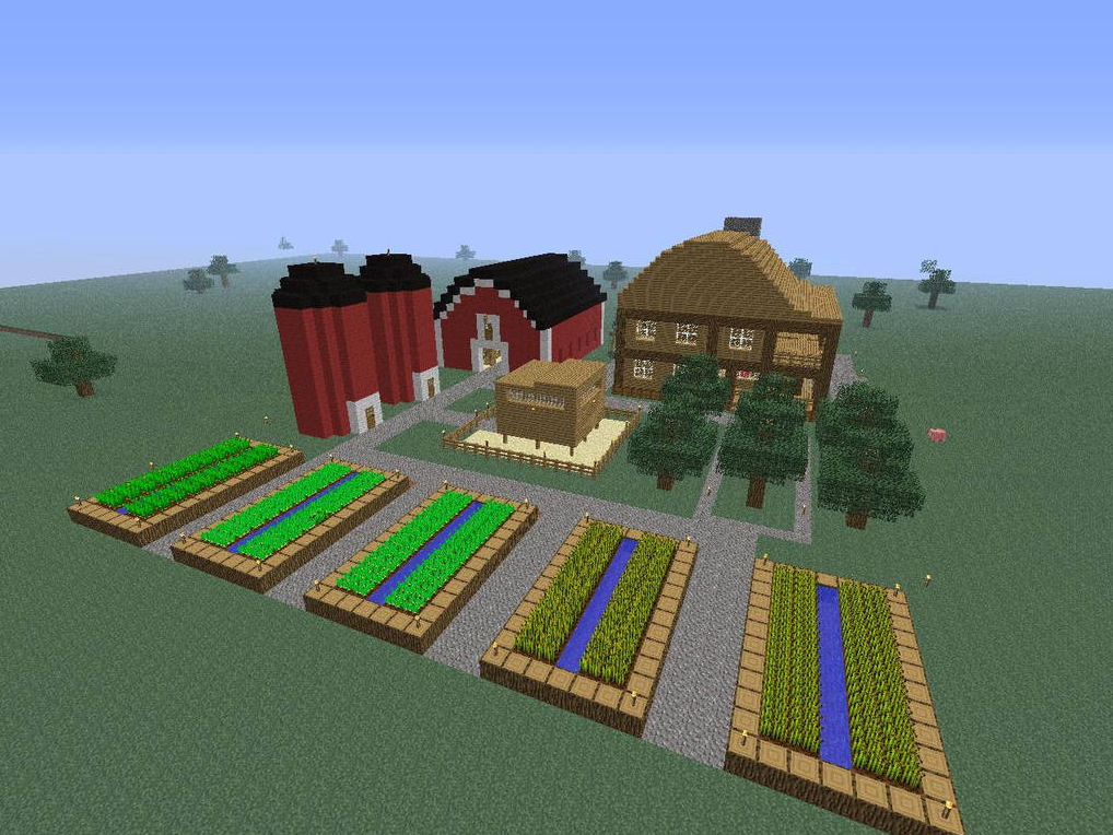 В Minecraft — ферма с амбарами и плантациями сахарного тростника, где инструмент искусственного интеллекта optifarm повышает эффективность использования земли на 13%.