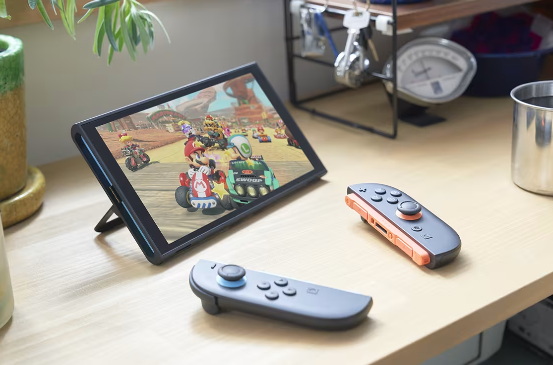 Nintendo Switch in tabletop mode running Mario Kart — offline exploit works on both Switch and Switch 2