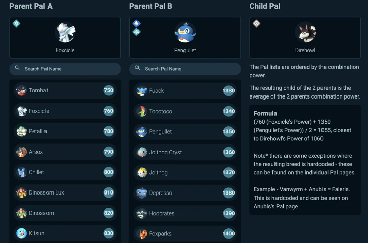Palworld breeding calculator interface