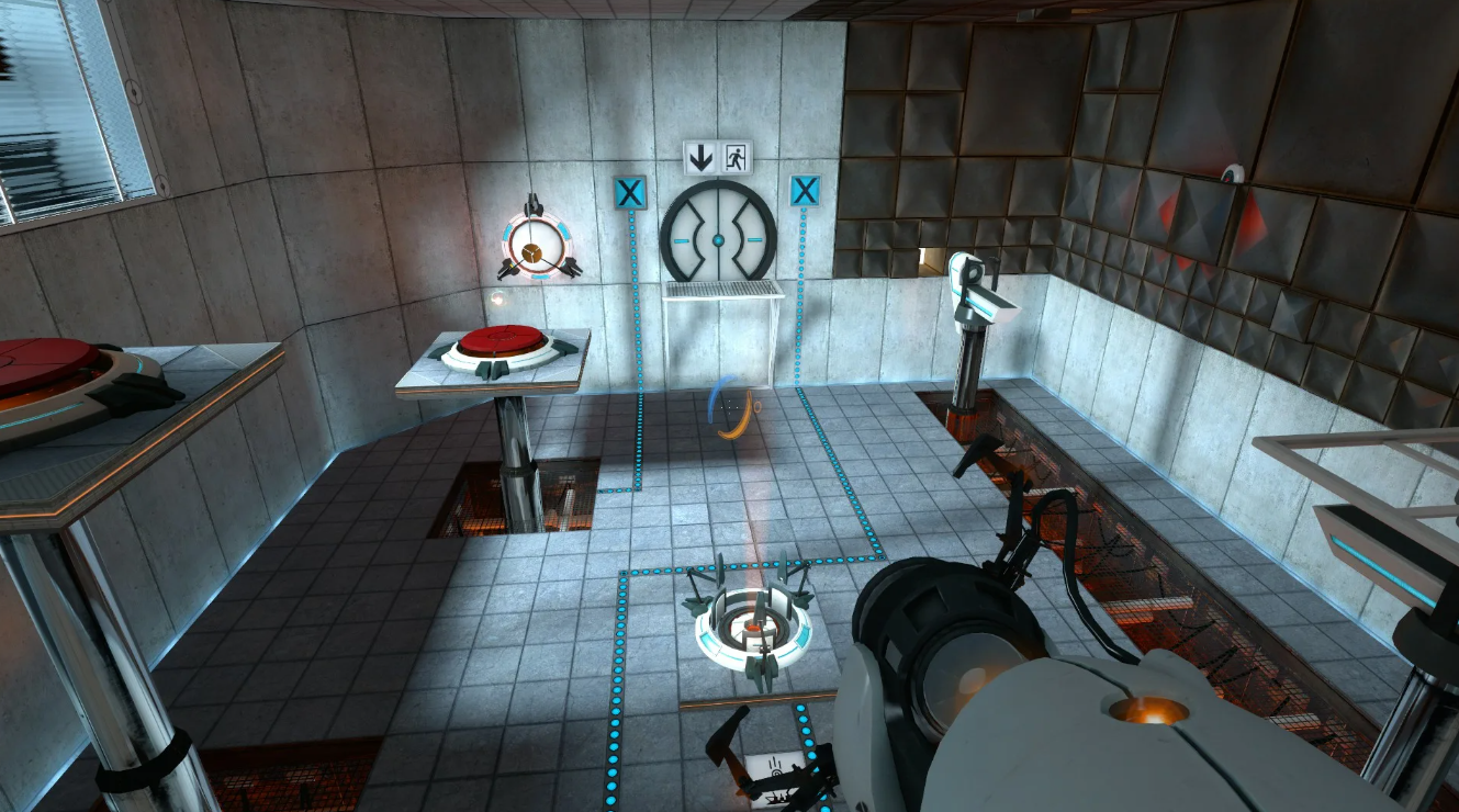 Portal 2 — test chamber with portals and buttons, the game where Chet Faliszek helped write GLaDOS's signature humor