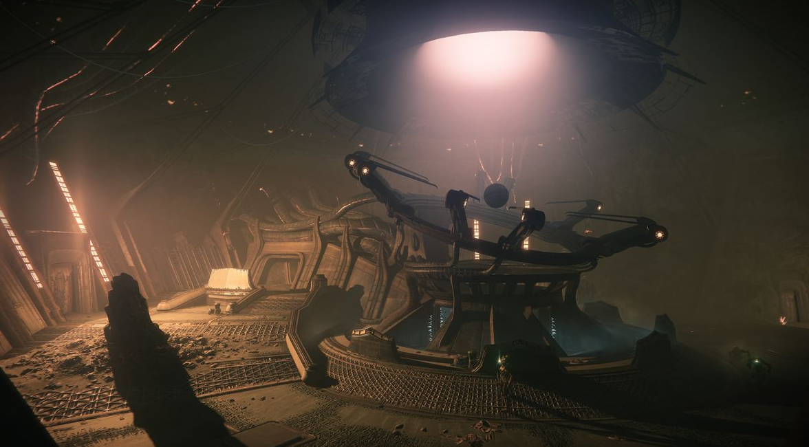 Spacecraft and station interior in Destiny 2 with industrial sci-fi environment view