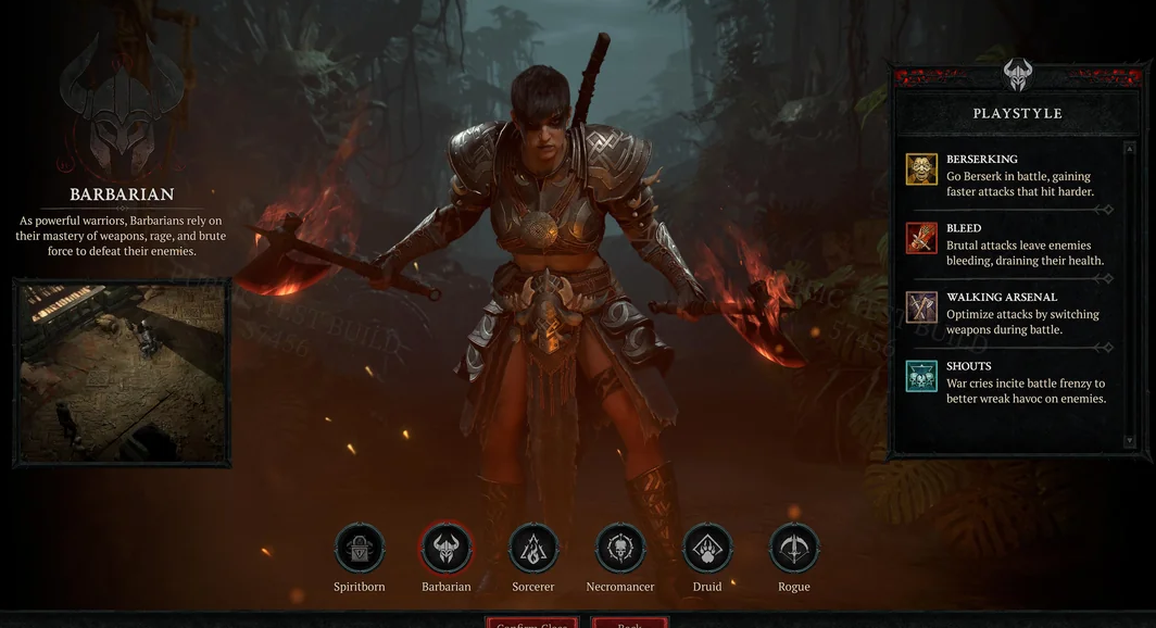 The Barbarian class selection screen in Diablo IV showing its combat playstyle