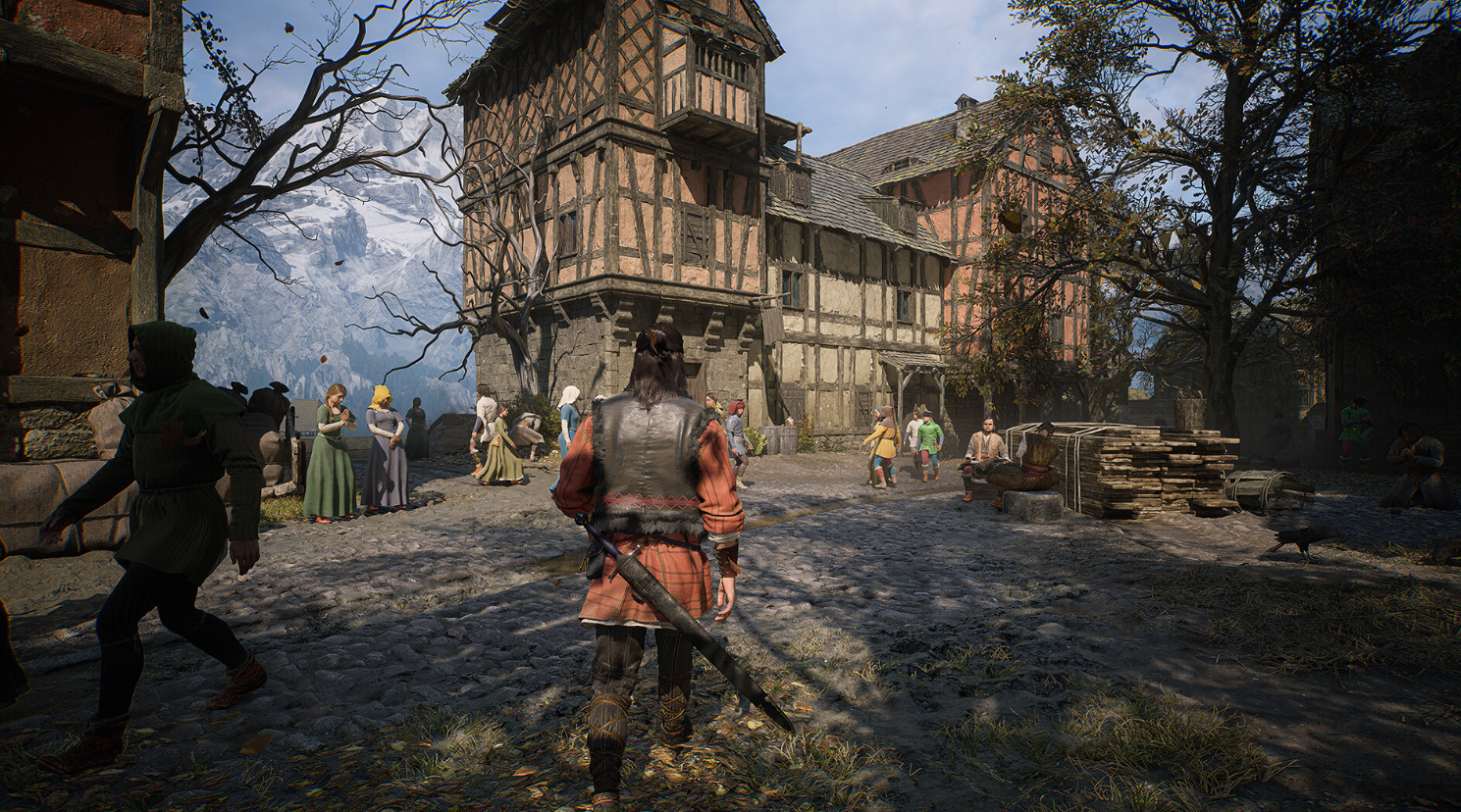 The Blood of Dawnwalker gameplay showing exploration of a medieval town in the open-world RPG from Rebel Wolves and former Witcher 3 developers