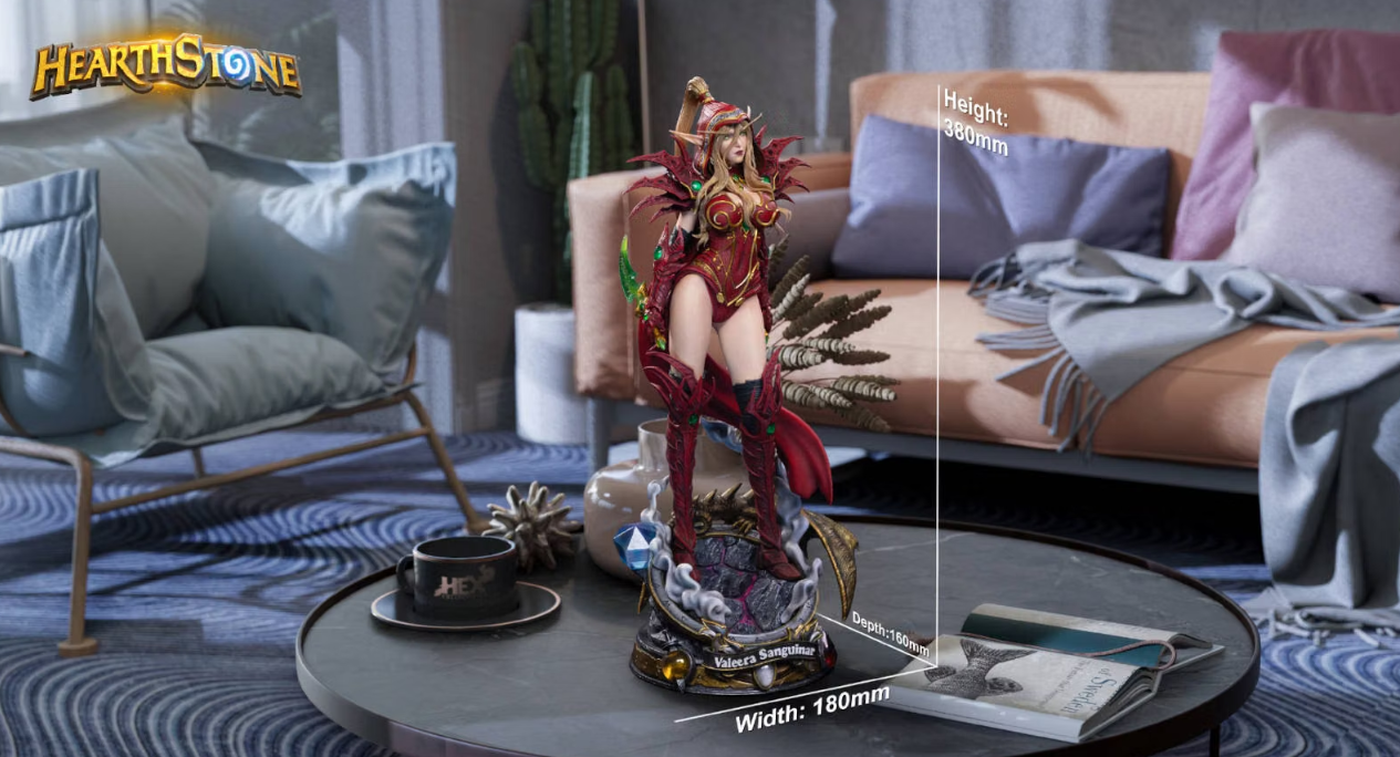 1/6 scale Valeera Sanguinar collectible statue displayed on a coffee table in a living room, with dimensions labeled — illustrating article on the Hearthstone figure's pre-order