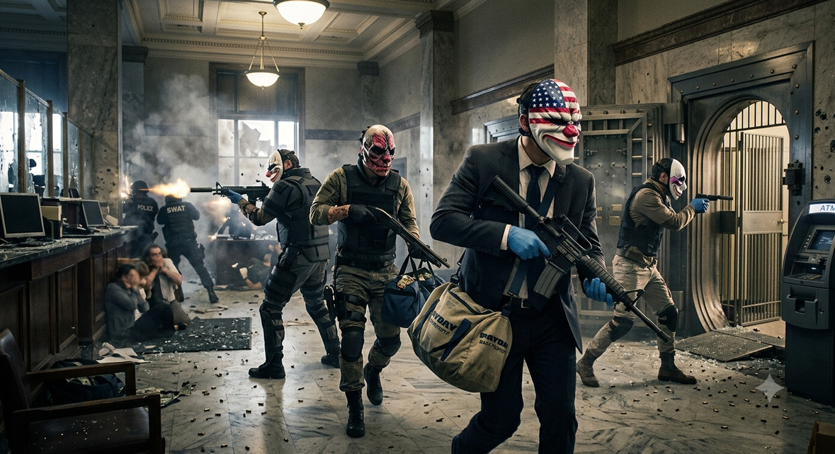 A bank heist in progress &mdash; masked robbers with weapons and cash bags running past a SWAT shootout &mdash; scene from Payday 2