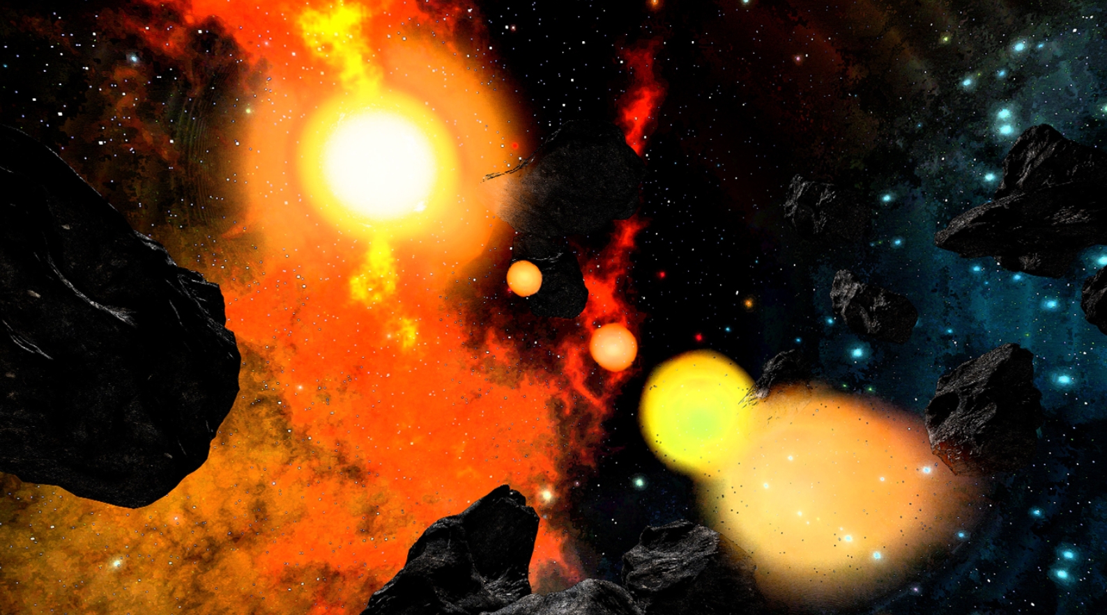 Asteroid field and colorful space environment in Evolvation