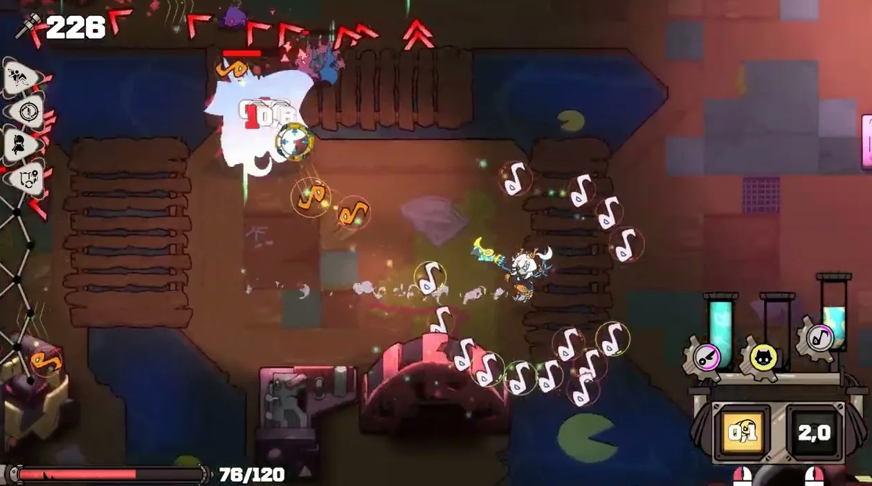 Boss fight in DRACOMATON — screen filled with musical note-shaped projectiles and damage numbers, showcasing the Forms combat system