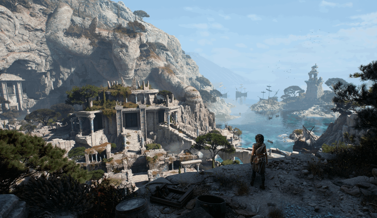 Character standing on a rocky cliff overlooking ancient ruins, a minotaur statue, and a ship-filled bay — illustrating article on Resonance: A Plague Tale Legacy's system requirements