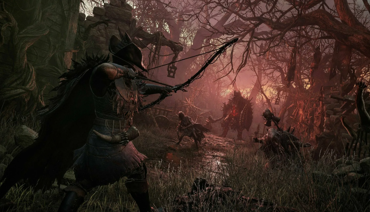 Character wielding a bow battling a spiked monster and enemies in a dark forest at dusk — Lords of the Fallen gameplay, illustrating article on Russian localization and the 2.5.593 patch