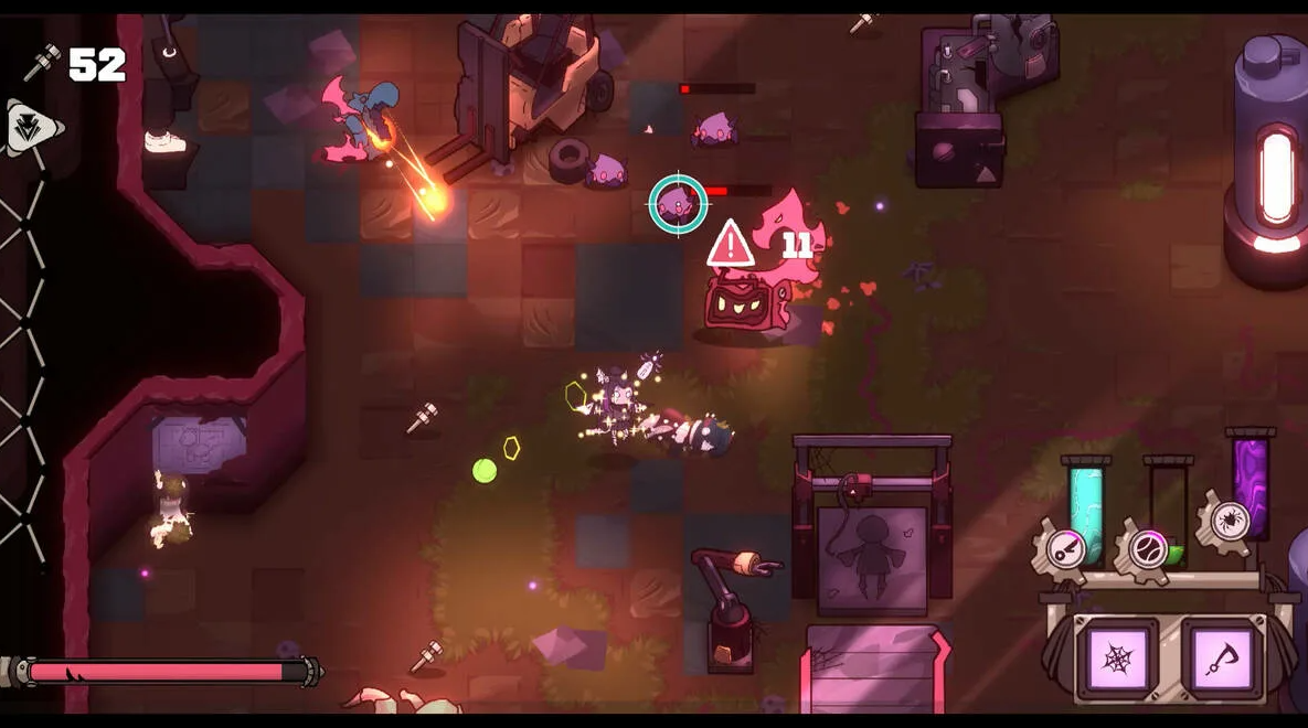 DRACOMATON gameplay screenshot — robot Eclipse attacking enemies in an abandoned factory setting, top-down bullet hell roguelike combat