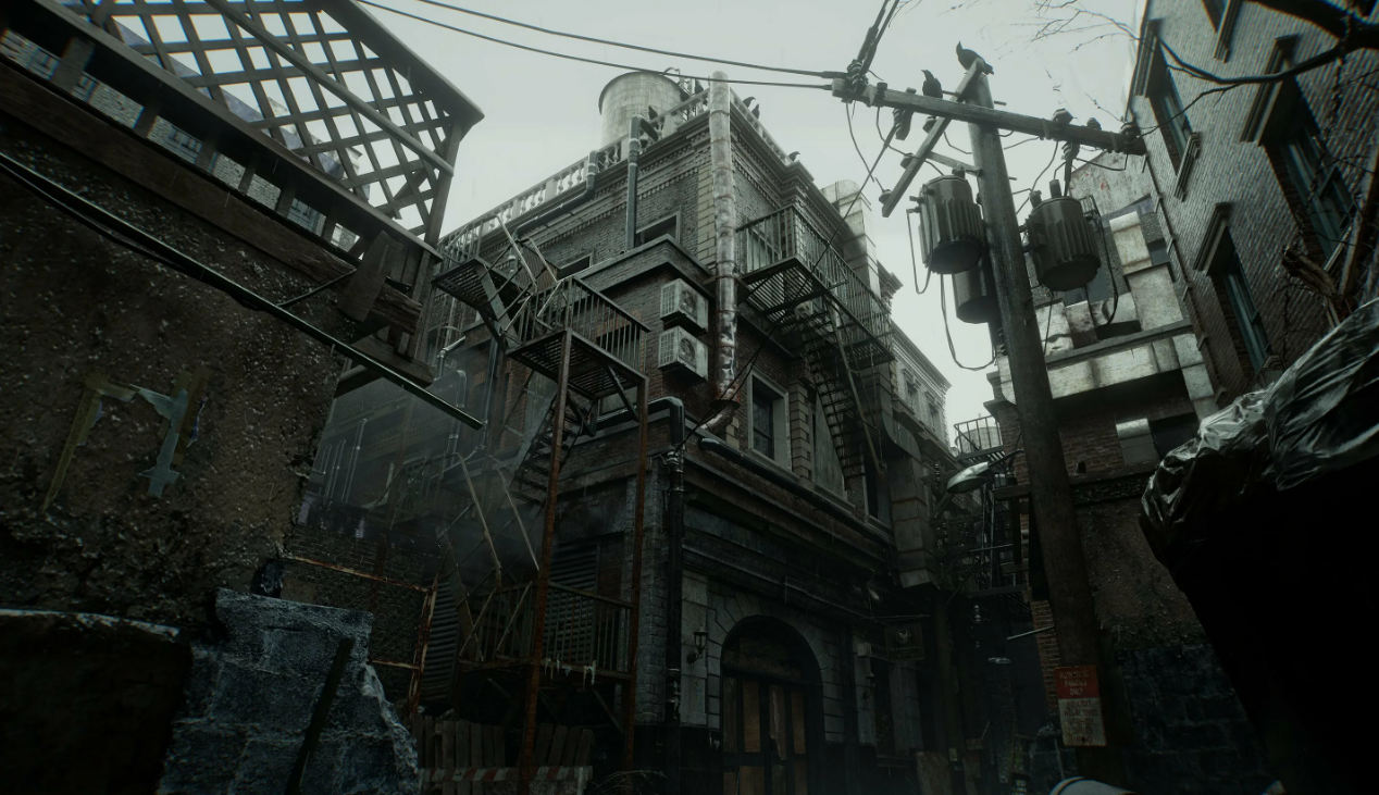 Dark urban alley with fire escapes and aging buildings in a survival-horror atmosphere — illustrating article on the Resident Evil Veronica remake and Capcom's franchise strategy
