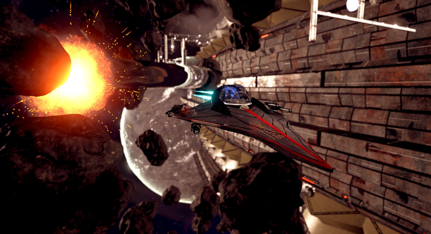 Evolvation spaceship flying through an asteroid field near a space station