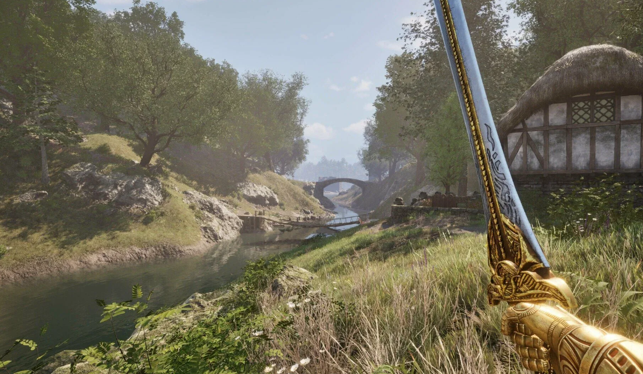 First-person view of a gilded sword in the character's hand against a river, stone bridge, and village backdrop — illustrating article on The Elder Scrolls IV: Oblivion Remastered's optimization update