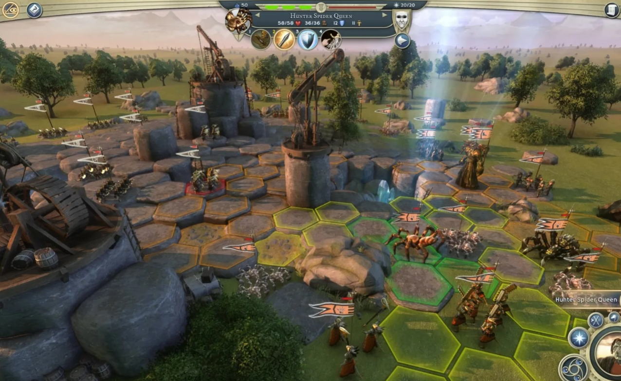 Fortress siege featuring siege towers, spider creatures, and troop units on Age of Wonders III's hexagonal tactical battle grid
