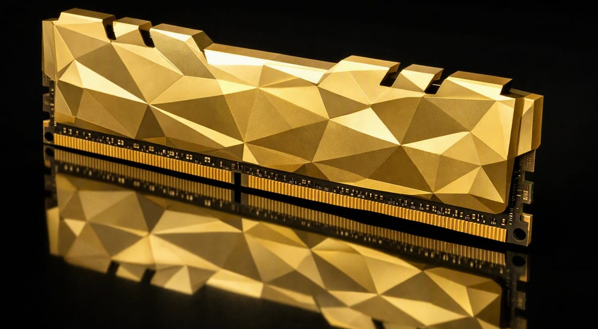 Gold-plated DDR RAM module with faceted heatsink and reflection on black background — illustrating article on the DRAM and HBM memory shortage driven by AI demand