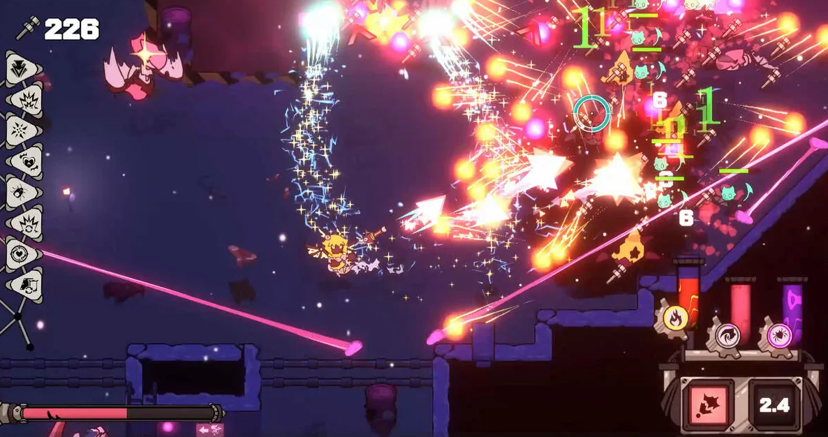 Intense DRACOMATON firefight with dozens of projectiles and enemies onscreen — example of the game's bullet hell roguelike chaos