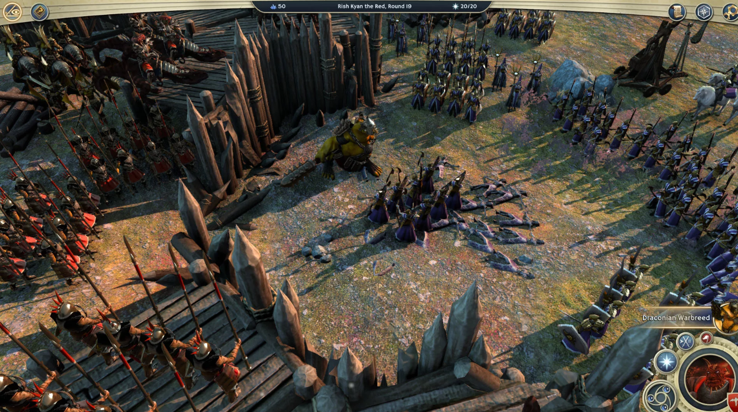 Large-scale battle between two armies at wooden fortifications, with archers, spearmen, and siege weapons in Age of Wonders III