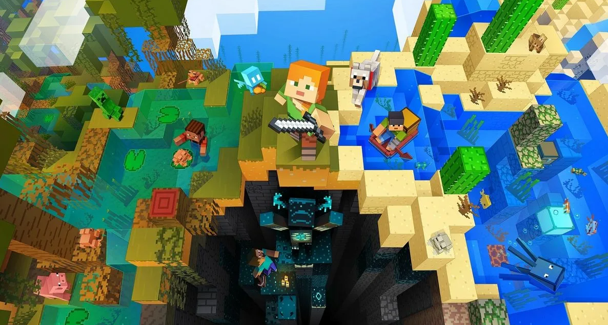 Official Minecraft artwork featuring blocky-style characters, animals, and an underwater world — illustrating article on the game's Nintendo Switch 2 release date and other Xbox titles coming to the platform