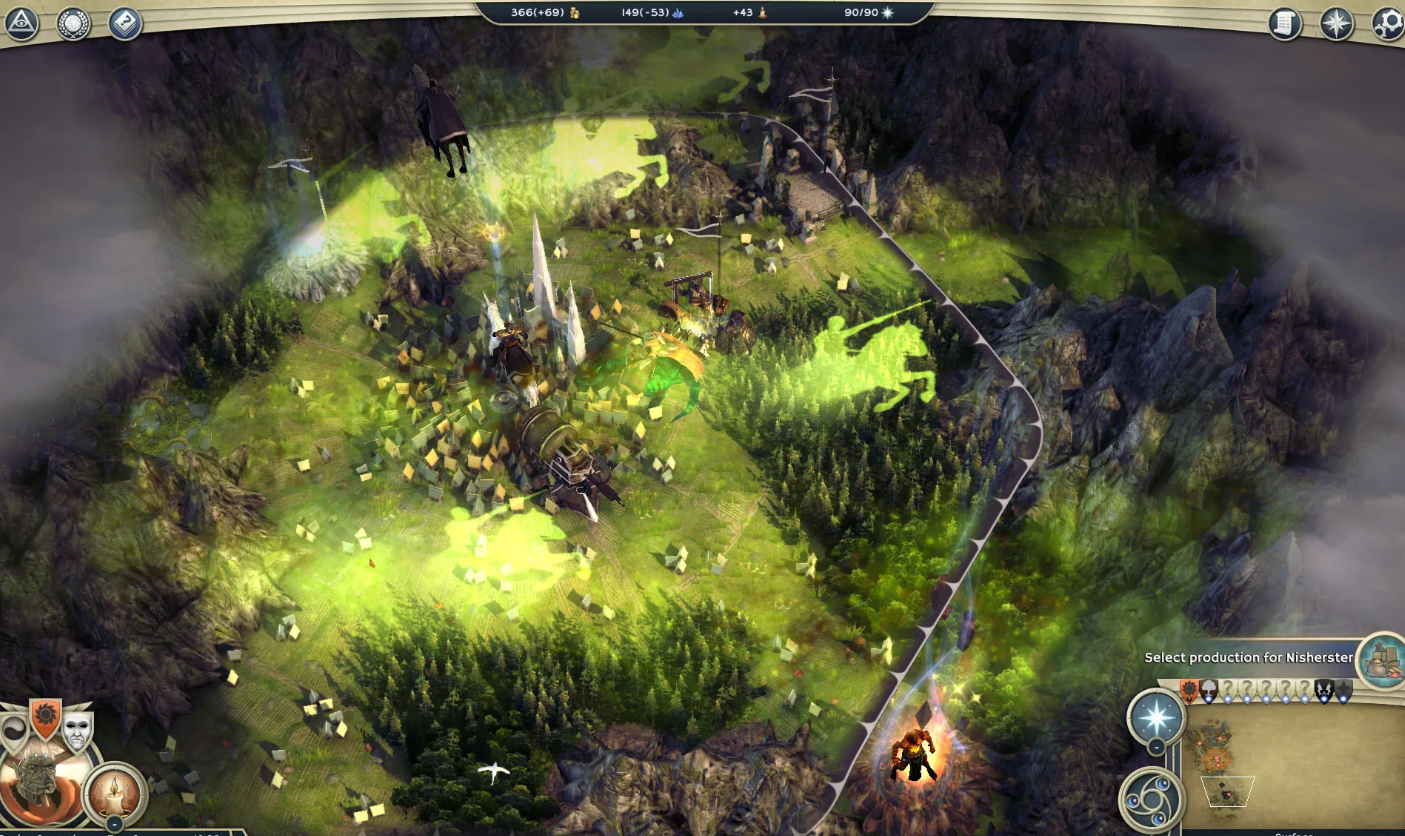 Overhead view of an empire map with cities, armies, and natural terrain in Age of Wonders III — the game's strategic territory-management layer