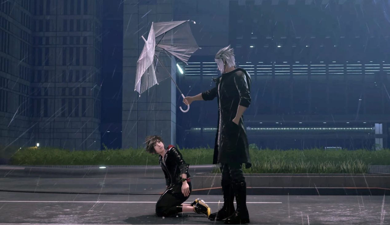 Sora kneeling in the rain beside a mysterious white-haired character holding an umbrella against the nighttime Quadratum cityscape — scene from Kingdom Hearts IV