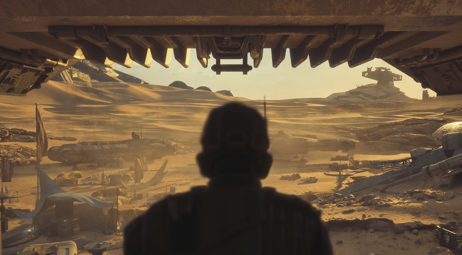 Star Wars: Galactic Racer desert racing location with vehicles and wrecked starships